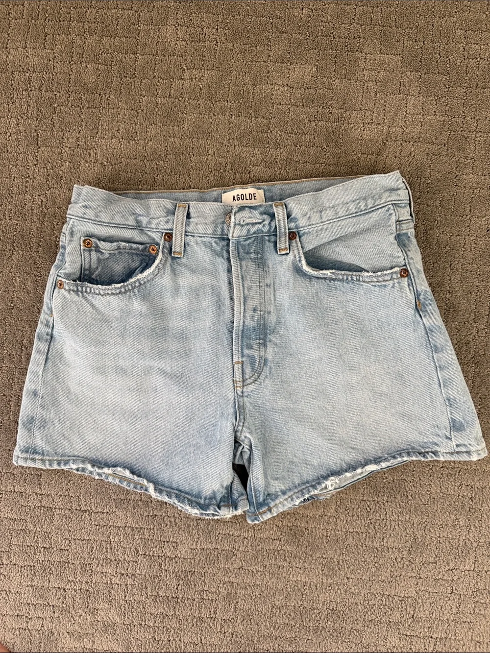 Agolde Light Wash Parker Long High-Rise Cutoff Denim Shorts